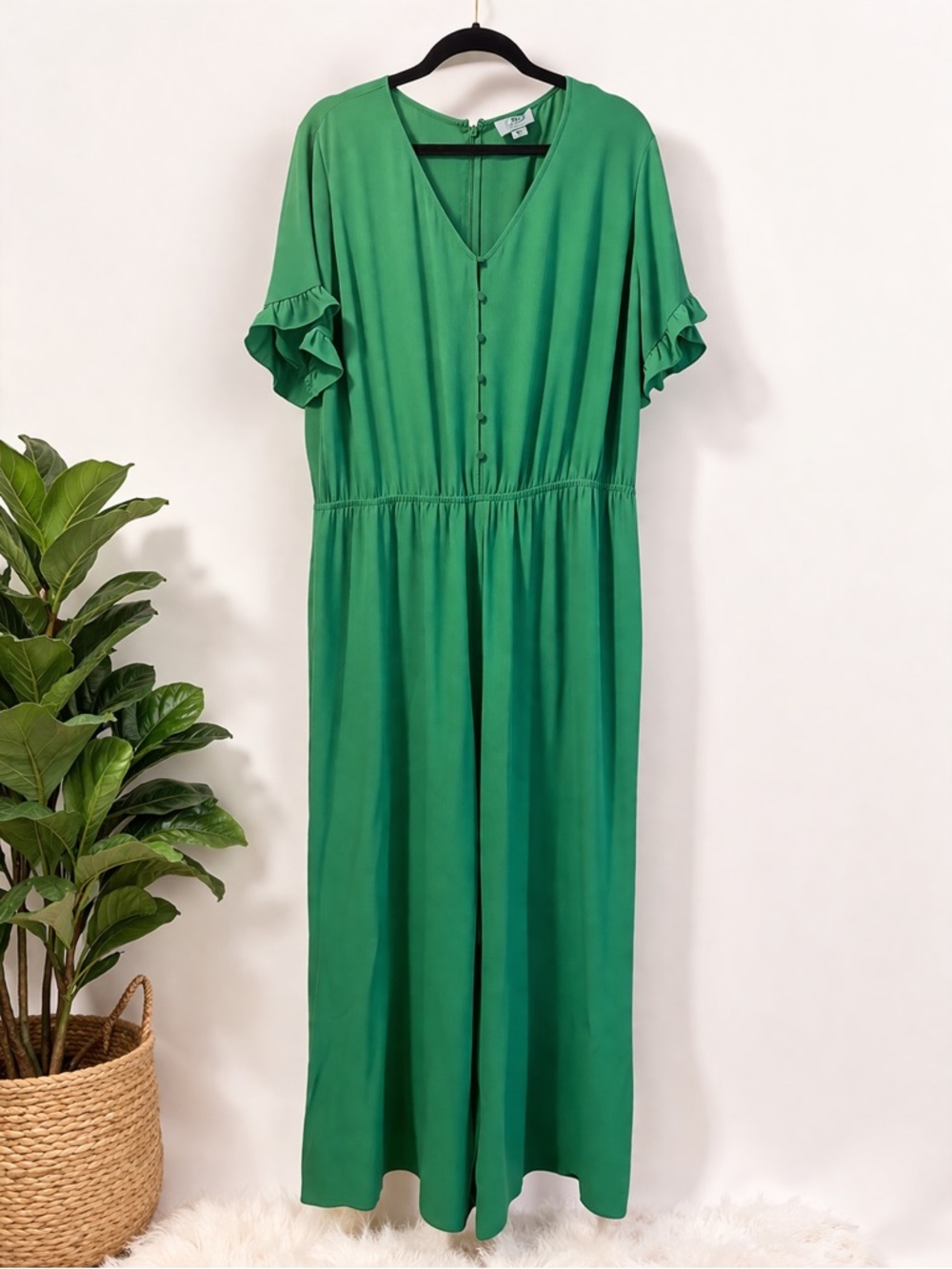 š CeCe Emerald Green Wide Leg Jumpsuit 16W | Flowy Ruffle Sleeve